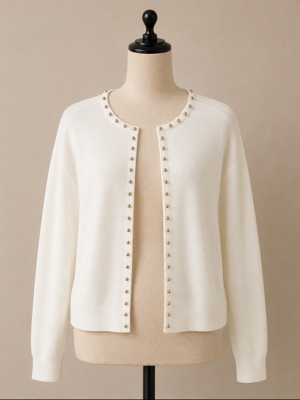 Sugarlips White Pearl-Trim Crewneck Cardigan